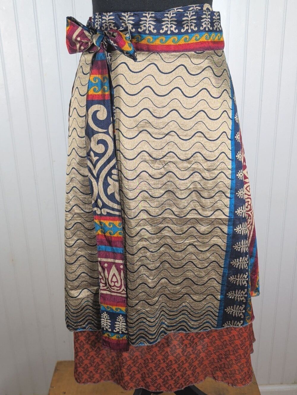 Kariza Vintage Silk Blend Reversible Wrap Skirt Boho Magic Sari Midi OS